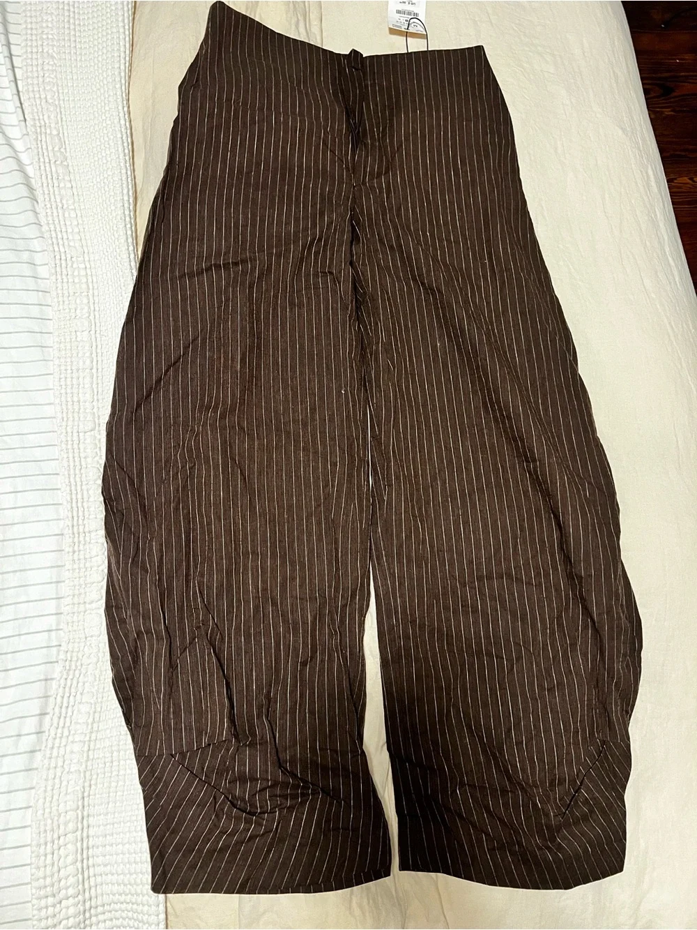 ZARA Collection Women’s Striped Linen Blend Balloon Trousers in Brown/Ecru
